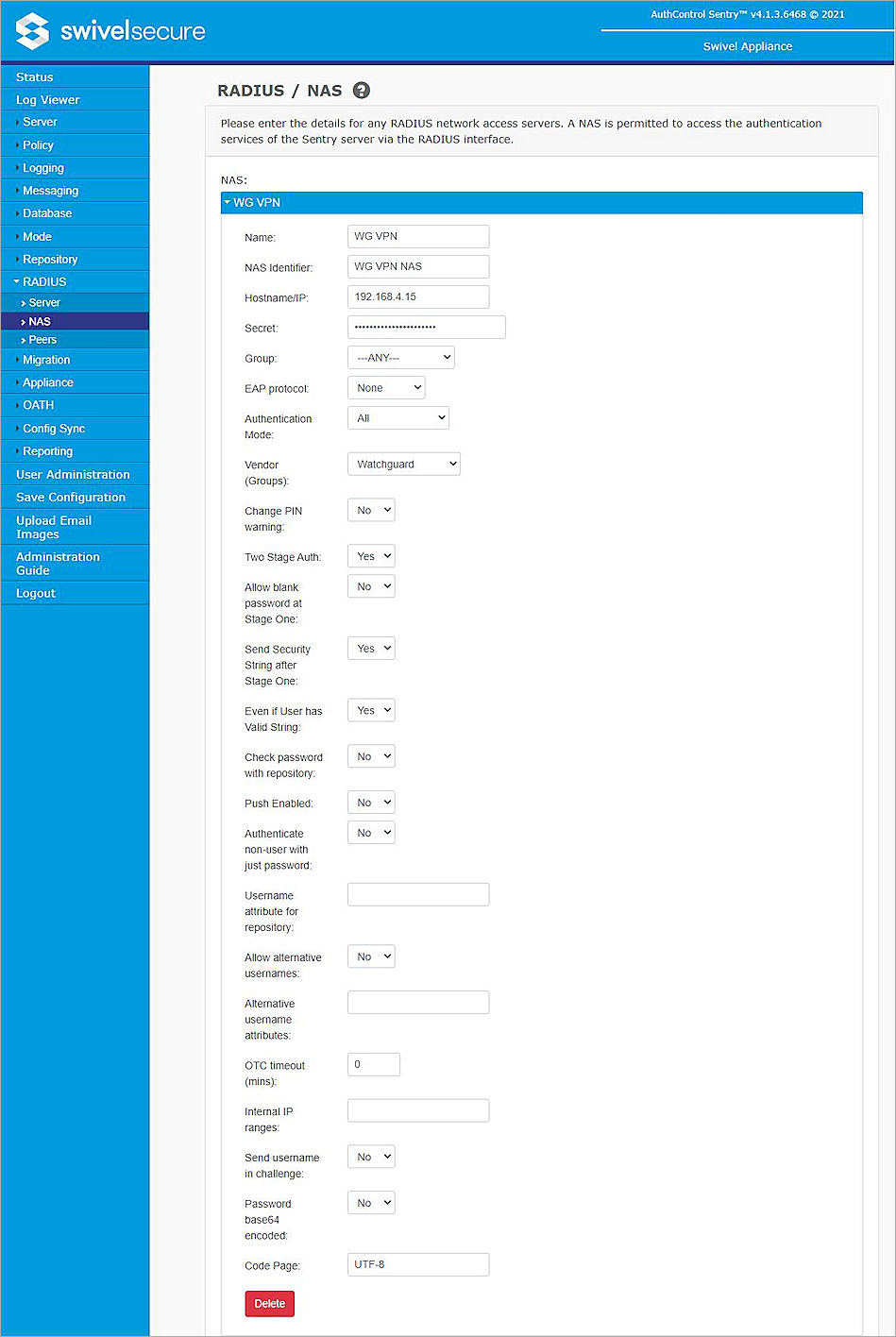Screen shot of RADIUS NAS settings page